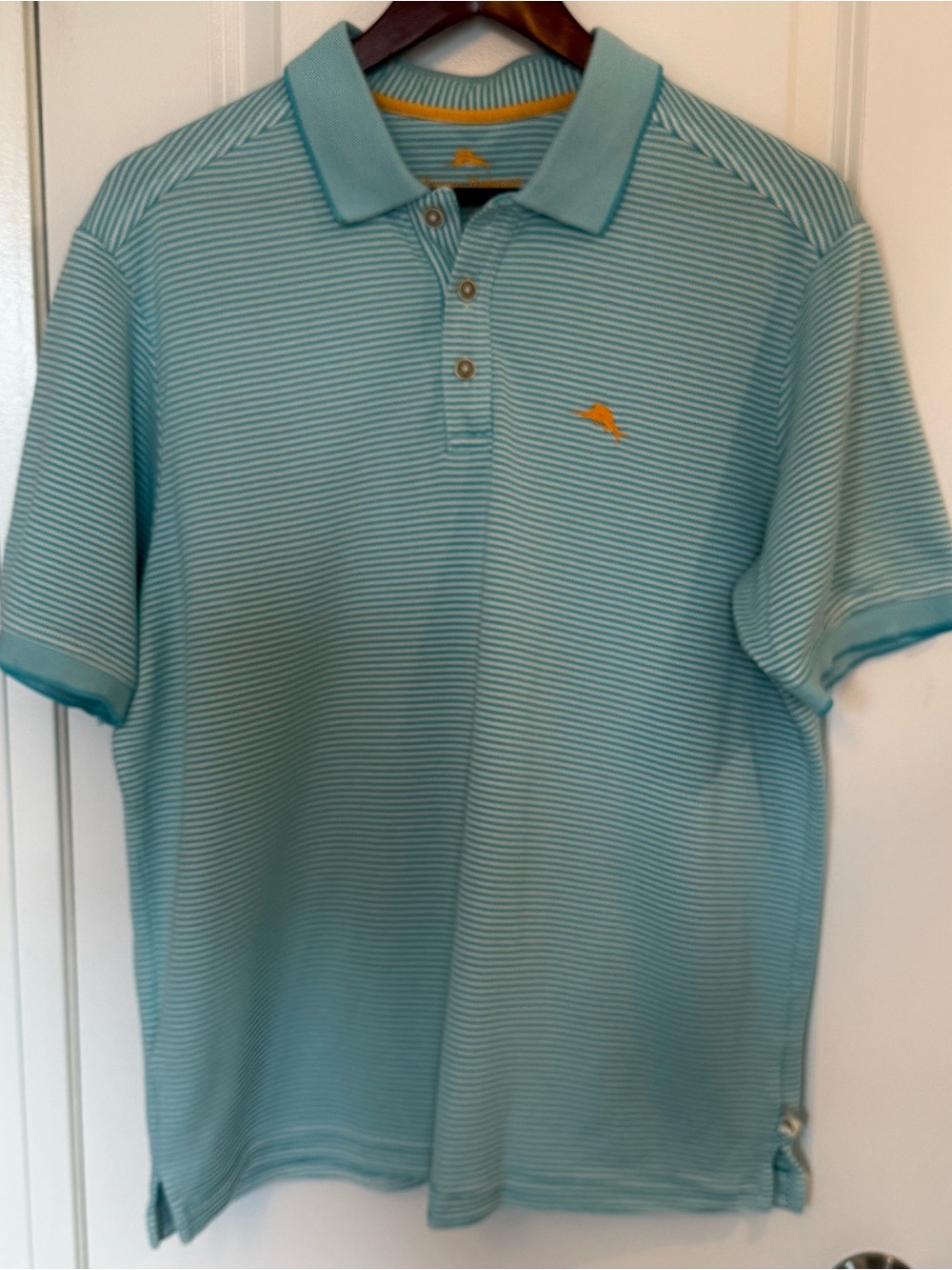 Tommy Bahama Aqua Striped Polo with Yellow Logo